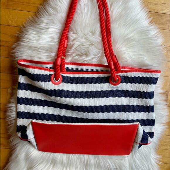 Vera Bradley Navy and White Stripe Large Tote Bag with Turtle Charm / Keychain - Picture 10 of 12